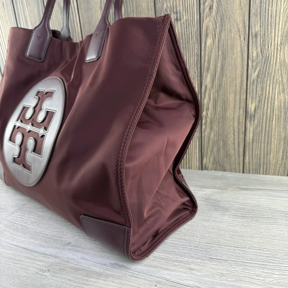 Tory Burch Ella Large Tote Bag Burgundy Nylon Leather Logo Shoulder Handbag